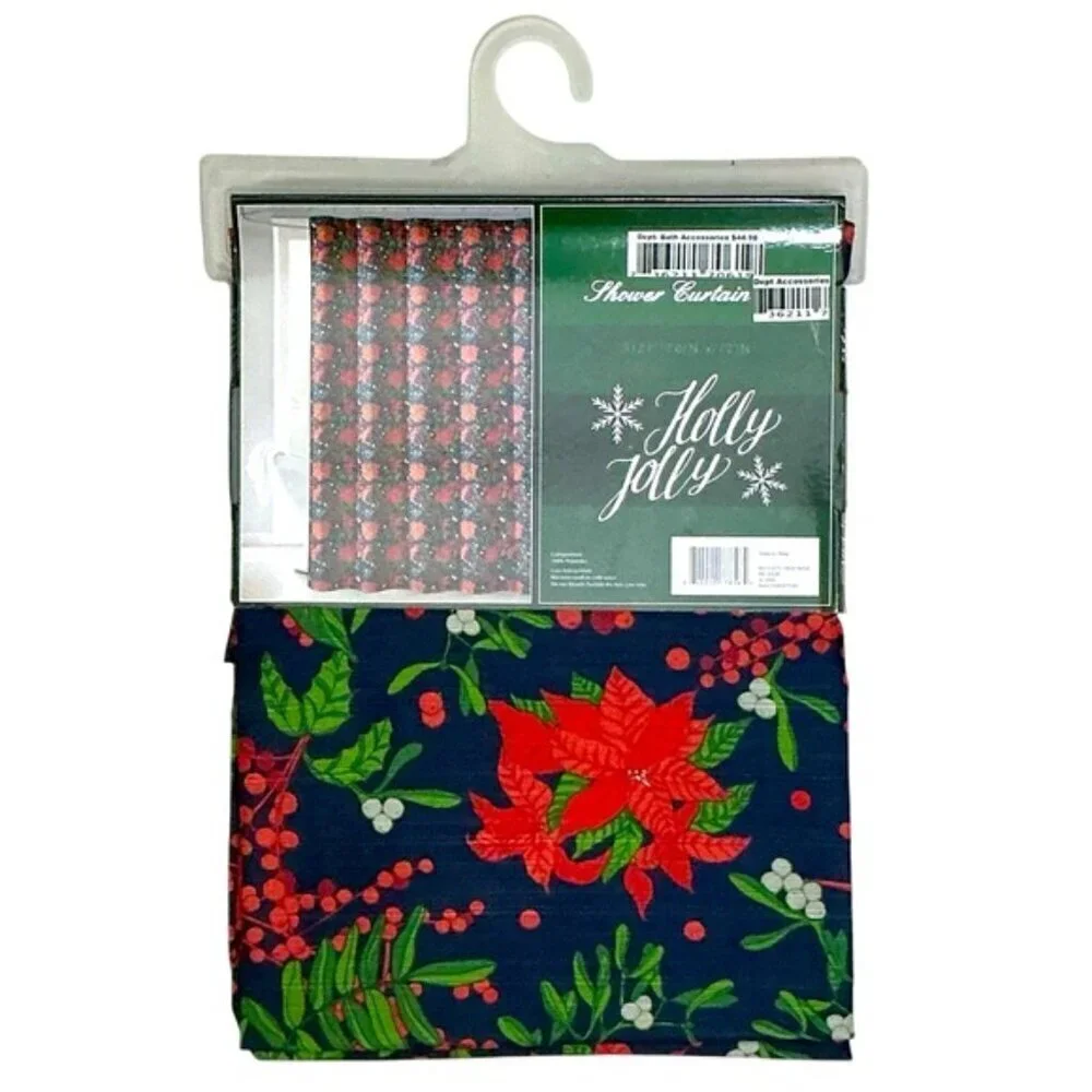 Christmas Shower Curtain Holiday Poinsettias Fabric Classic Navy Blue 70x72 In